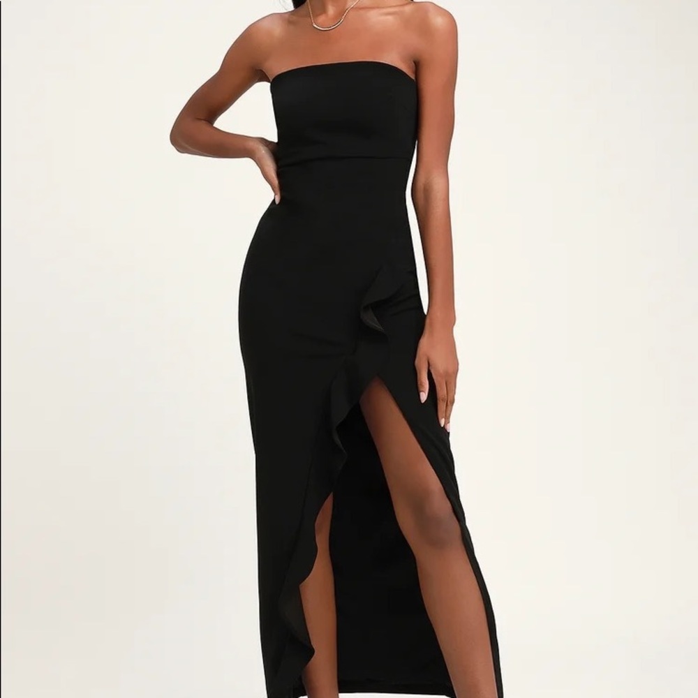 LuLus After Hours Strapless Black Ruffled Maxi Dress